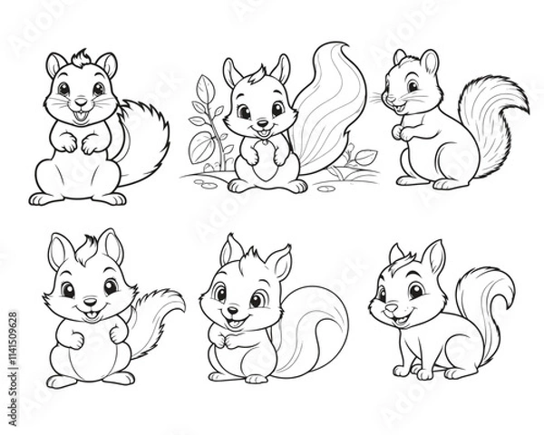 Fototapeta set of squirrel cartoon character line art design