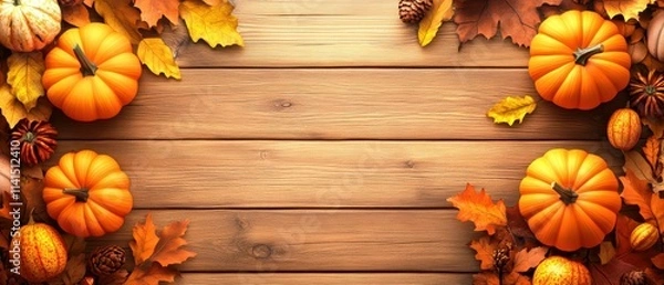 Fototapeta Wooden background with a row of pumpkins and leaves. The pumpkins are orange and the leaves are yellow