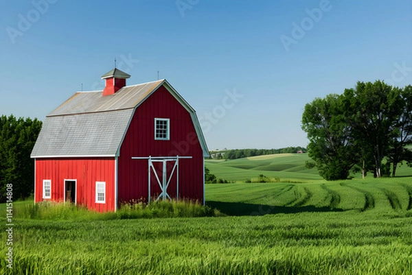 Fototapeta Classic Red Barn Amidst Lush Green Fields and Serene Countryside Landscape on a Clear Day