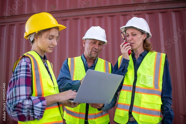Obraz Engineer or dockworker working in the construction container dock yard checking and inspection containers data on computer program environment is container shipping Logistics business concept.