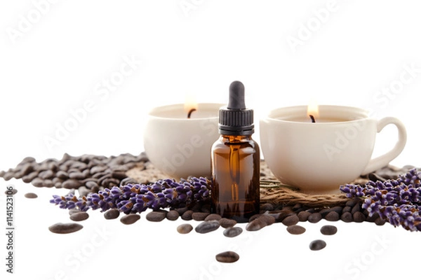 Fototapeta Aromatherapy setup with essential oil bottles, lavender sprigs, and lit candles isolated on transparent background, cut out, PNG
