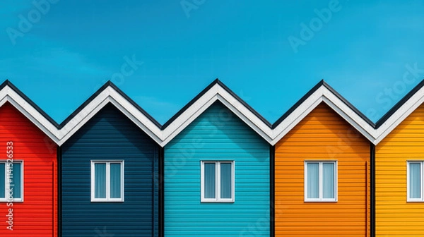 Fototapeta Brightly painted, triangular-roofed houses stand out under a clear blue sky, forming a vivid modern landscape.