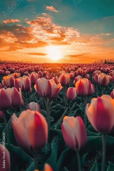 Obraz Pink Tulip Field at Sunset