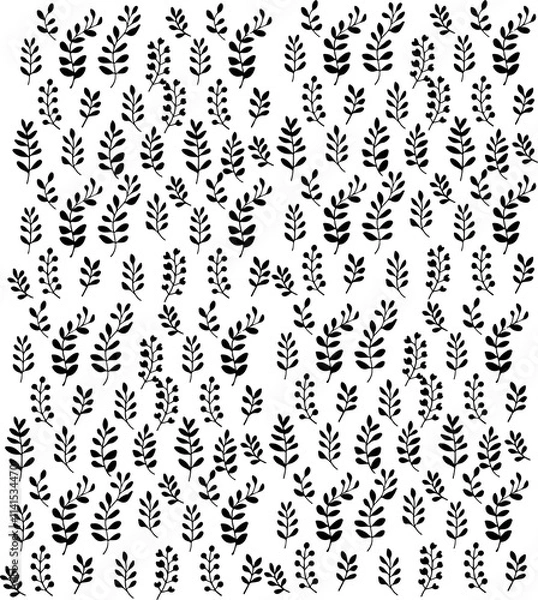 Fototapeta Seamless floral pattern with little black blades of grass. Floral texture on white background. Cartoon style sprigs with oval leaflets. For printing on fabric or paper. Vector illustration.