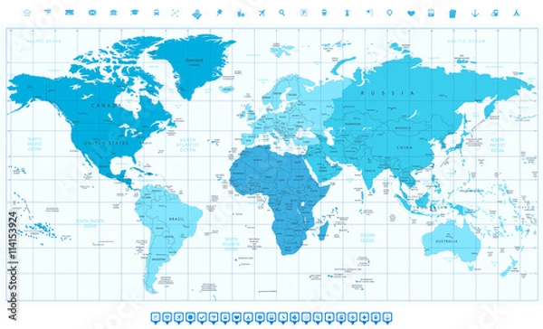 Fototapeta World map with different colored continents in colors of blue