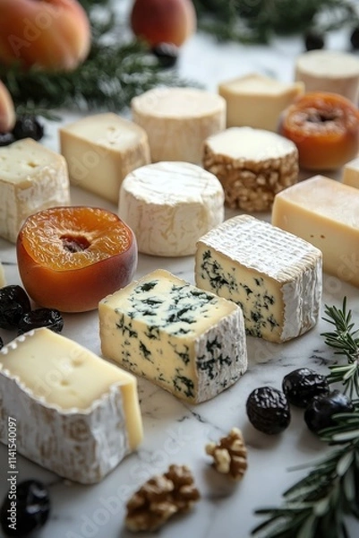 Obraz Assortment of gourmet cheeses, walnuts, and dried peaches on a marble surface. Perfect for food blogs, cheese shops, and culinary websites.