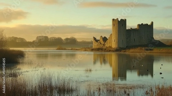 Fototapeta Serene Sunset Reflection of an Ancient Castle Beside a Tranquil Lake