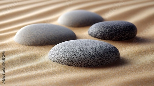 Fototapeta Smooth Zen Stones Resting on Rippling Golden Sand for Tranquil Meditation and Relaxation : Generative AI