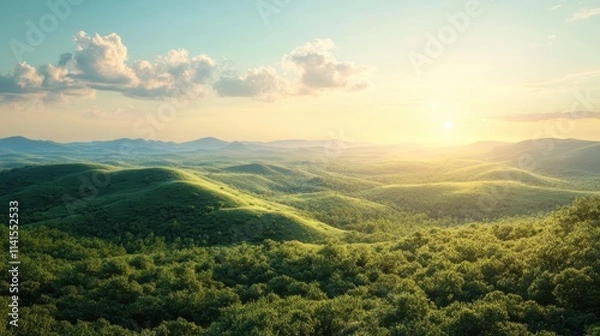 Fototapeta A large green forest with a sun shining on it