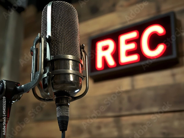Fototapeta professional microphone in modern recording studio with REC sign