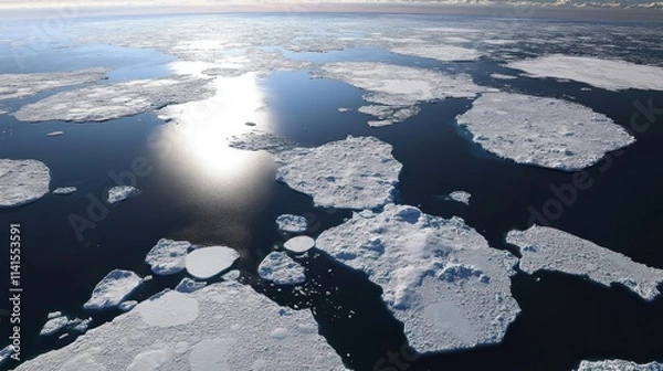Fototapeta Aerial view of ice-covered ocean with floating icebergs reflecting sunlight.