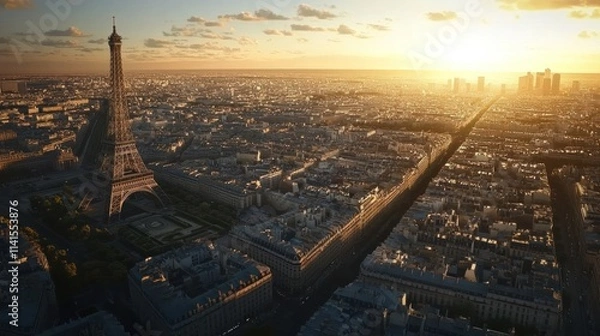 Fototapeta Aerial view of Paris at sunset, featuring the Eiffel Tower and city skyline.
