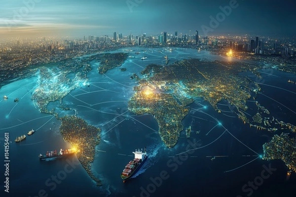 Fototapeta A digital globe illuminated with city lights and interconnected shipping routes, showcasing a vibrant, global trade landscape.