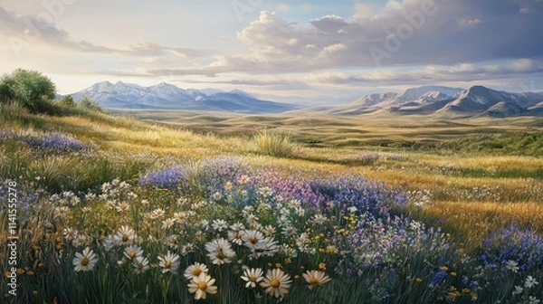 Fototapeta A field of flowers with a mountain in the background