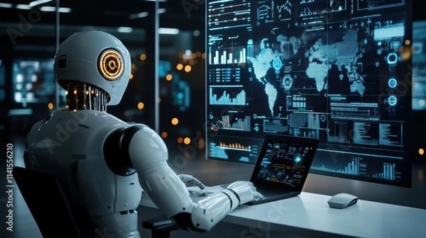 Fototapeta modern office setting a person is seated at a desk, facing a series of graphs and charts displayed on the wall. The individual is wearing a white shirt and appears to be focused on the data presented.