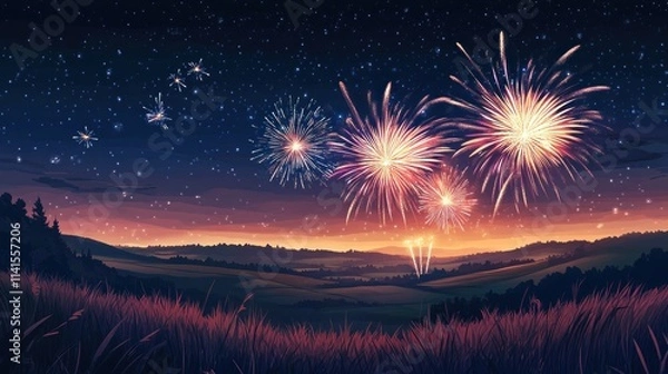 Fototapeta A serene landscape illuminated by colorful fireworks against a twilight sky.