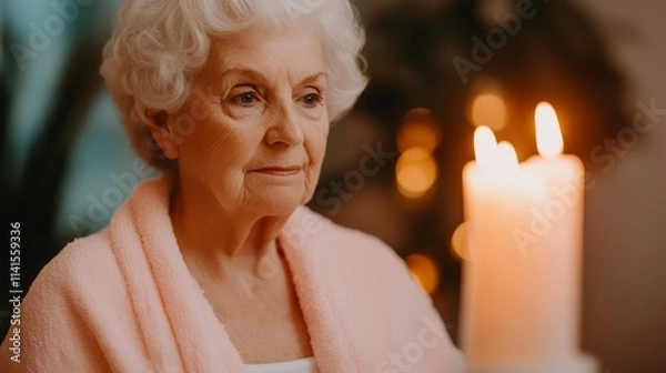 Fototapeta Senior Woman in Soft Pink Robe Reflecting Contemplatively by Gentle Candlelight, Illuminating Her Serene Expression in a Cozy Atmosphere