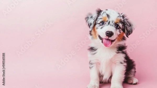 Fototapeta 38.Cute Australian shepherd puppy in a playful pose, sitting on a pastel pink background and licking its lips; big round eyes and a happy expression as it looks toward the camera; soft, even lighting