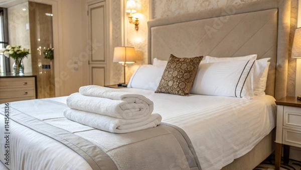 Fototapeta Folded towels on hotel room, bedroom with folded towels on crisp white sheets. Comfortable guest bedroom. Created with Generative AI.