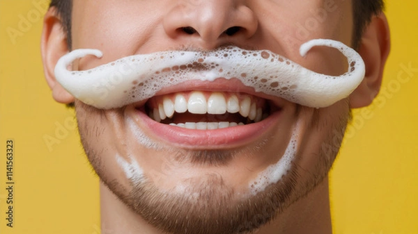 Fototapeta A close-up of a man smiling widely with a mustache made of beer foam