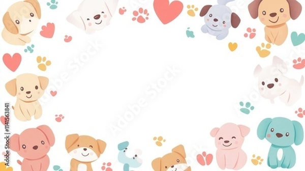 Obraz 92.Vector frame of tiny, smiling cartoon puppies arranged in a circular pattern, each with a different playful pose and expression; surrounding border includes little hearts, paw prints, and colorful