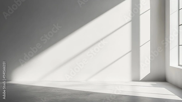 Obraz Minimalist wall interior background with white and grey tones, studio setting for product display and text insertion, featuring window shadows for natural lighting effect and presentation backdrops