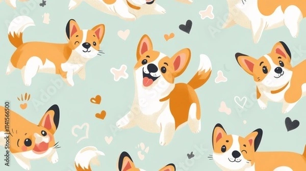 Fototapeta 59.Vector seamless pattern of cartoon corgis, each with a unique playful expression and pose on a soft pastel background; puppies illustrated with bright, joyful eyes, some wagging tails, others