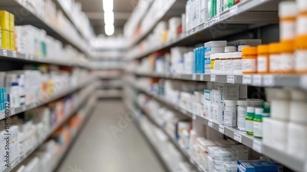 Fototapeta Aisle of a Modern Pharmacy Filled with Various Medicine Bottles and Boxes Displayed Neatly on Shelves in a Brightly Lit Interior Space