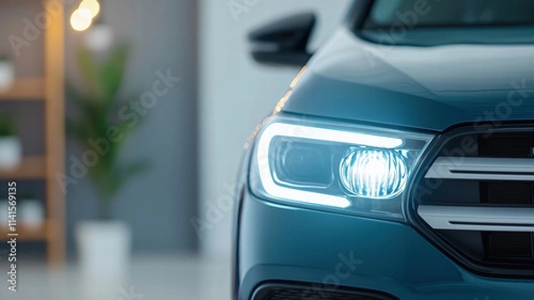 Fototapeta Sleek car headlight with modern design, showcasing advanced technology and elegance. bright illumination highlights vehicle features in stylish interior setting