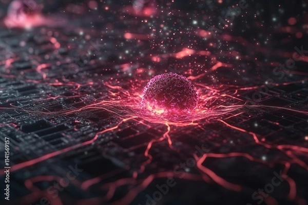 Fototapeta A glowing, abstract representation of a network, featuring a central sphere surrounded by vibrant lines and particles, evoking a sense of technology and connectivity.