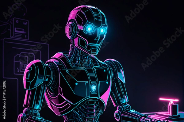 Fototapeta Robot teacher, illustration, neon aesthetics, neo-noir. Generative AI.