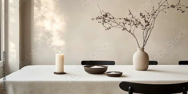 Fototapeta Calm Dining Atmosphere With Natural Decor and Warm Neutral Tones : Generative AI