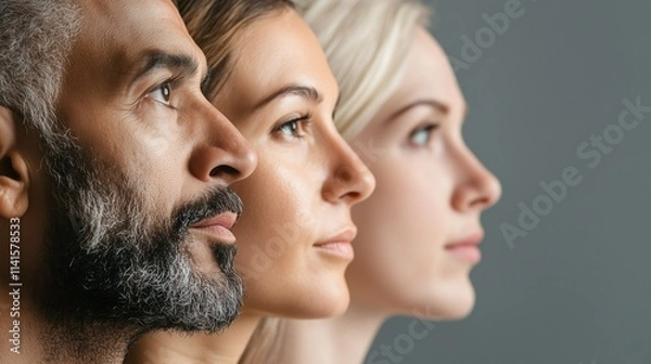 Fototapeta Faces of people of different ages and races, aligned side by side, minimalistic and expressive. People's faces in profile. Copy space, free space for text