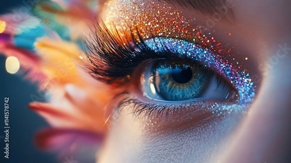 Fototapeta Close-up of a vibrant eye with glitter and feathers.