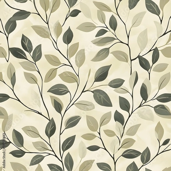 Fototapeta A repeating organic pattern of abstract leaves and vines in muted beige and olive tones, ideal for nature-inspired themes. 