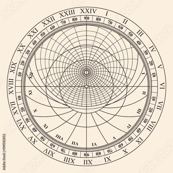 Fototapeta Diagram of an ancient astronomical instrument astrolabe for measuring horizontal angles and determining latitudes and longitudes of celestial bodies. Object isolated on beige background