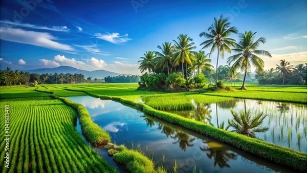 Fototapeta Serene Paddy Fields in Palakkad, Kerala - Minimalist Rural Landscape of Lush Green Rice Fields and Tranquil Farmland in South India