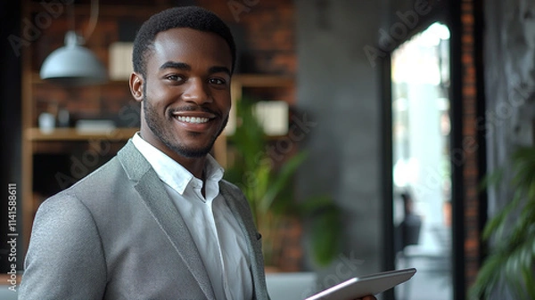Fototapeta Happy African American Businessman Using Tablet