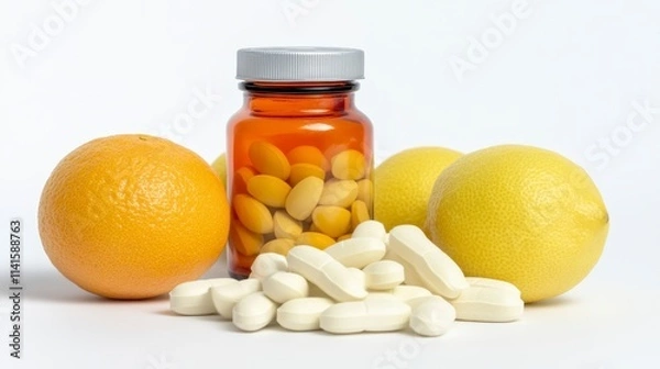 Fototapeta A bottle of vitamins surrounded by oranges and lemons, highlighting health and wellness through nutrition and supplements.