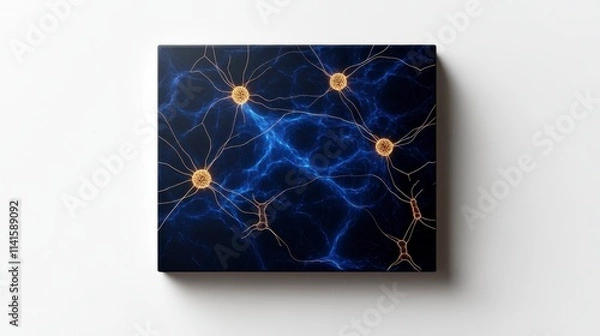 Fototapeta A dark, abstract representation of neural connections, showcasing vibrant blue lines and glowing orange nodes, symbolizing the complexity of the nervous system.