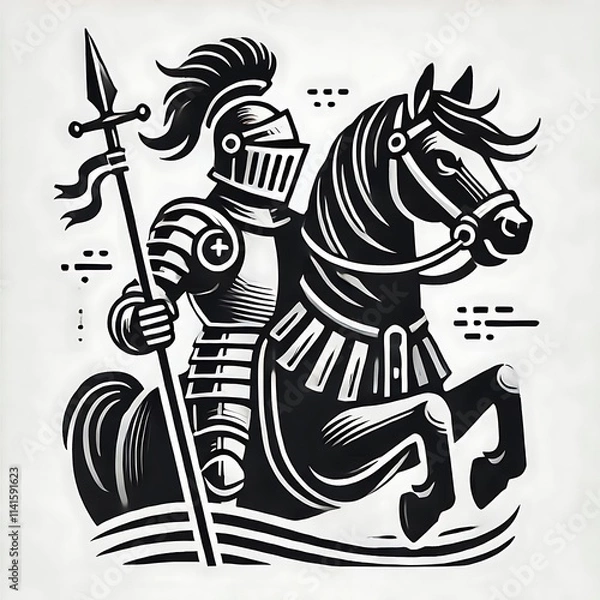 Fototapeta Knight on horseback with spear in a stylized design.