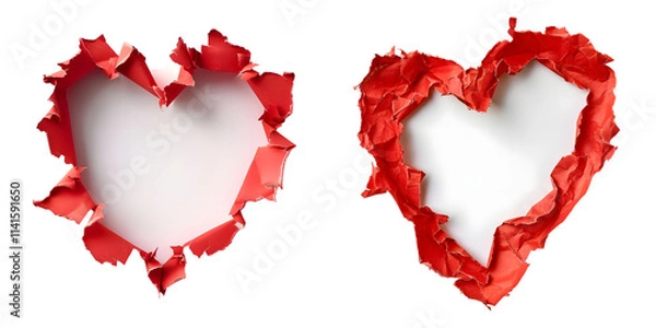 Fototapeta Heart shaped red hole torn through paper isolated on a white background. Generative AI.