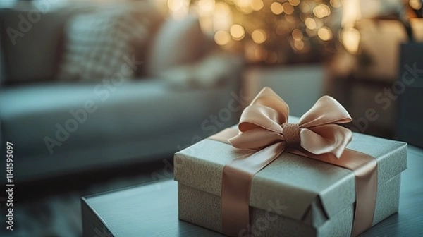 Fototapeta Aesthetic composition of a stylish gift box with a satin bow on a minimalist table in a cozy, modern interior. -
