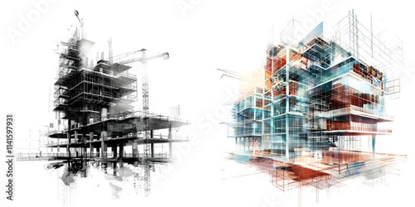 Obraz illustration digital building construction engineering with double exposure graphic designb. Generative AI.