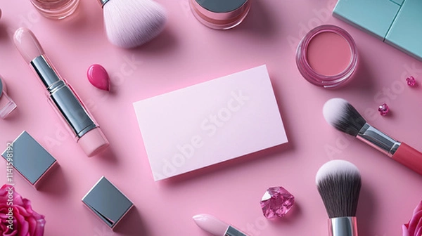 Obraz Flat lay of beauty products on a pink background with a blank card for branding, copy space