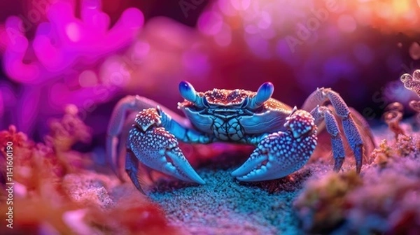 Fototapeta Detailed image of a crab on the ocean floor surrounded by vibrant corals and fine sand textures under filtered light.