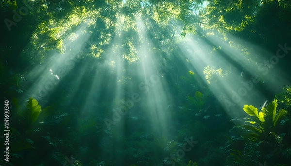Fototapeta Sunbeams filtering through lush tropical rainforest canopy, creating a mystical atmosphere, ideal for nature documentaries or travel brochures.