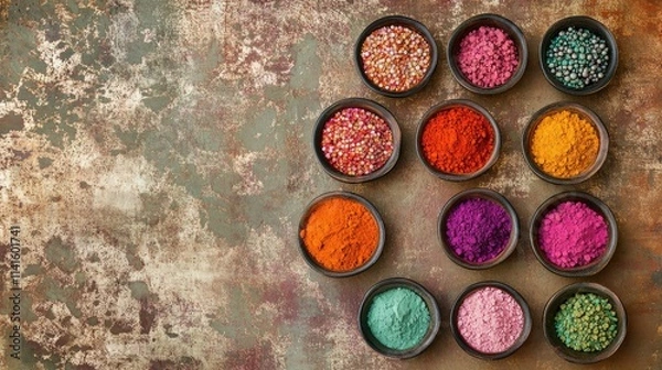 Fototapeta Flat lay of multicolored rangoli powders in circular bowls, photographed on a simple, clean surface with no distractions.