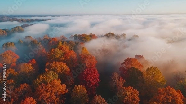 Fototapeta A stunning aerial view of vibrant autumn trees shrouded in morning mist, creating a serene and picturesque landscape.