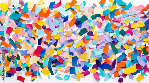 Fototapeta Festive Background of Bright Confetti Pieces on a Pure White Surface for a Joyful and Cheerful Atmosphere.